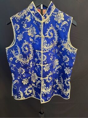 Vintage Jin Feng Chinese Blue Gold Brocade Vest Mandarin Collar Sz 38